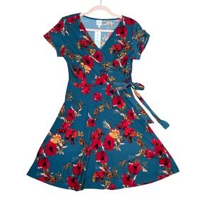 Kaileigh Arnett Faux Wrap Knit Dress Teal Green Floral Poppy Print Small NWT